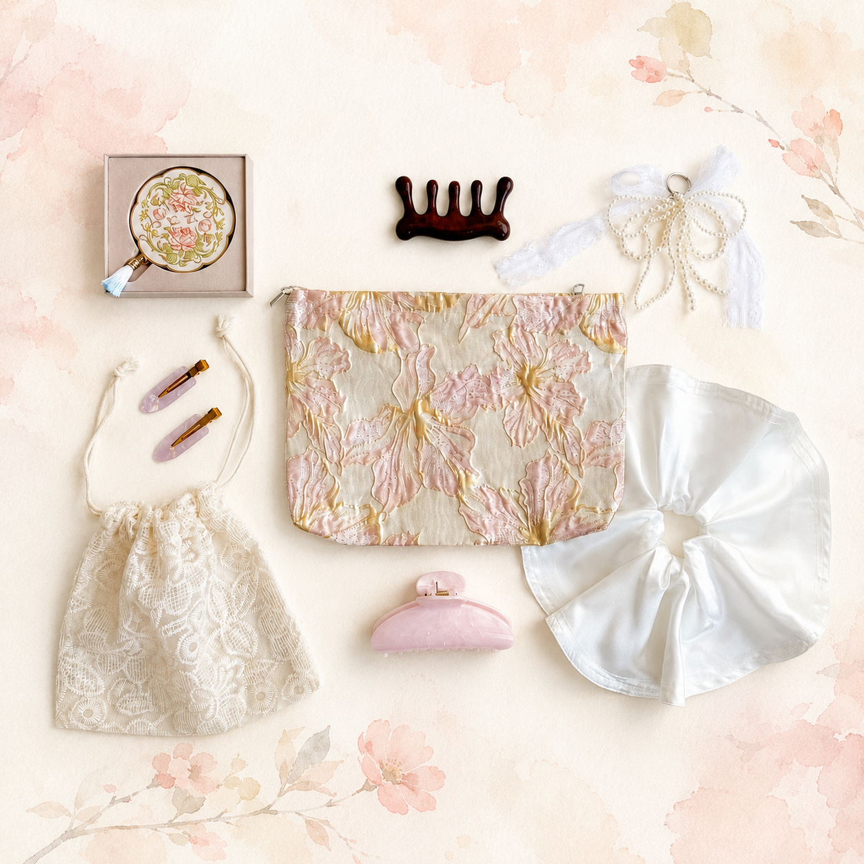 Rose Gold Lace gift set flat-lay including a jacquard pouch, lace drawstring bag, satin scrunchie, wooden hair claw clip, pearl bow keychain, mother-of-pearl claw clip, pink claw clip, and round hand mirror, on a pink floral background